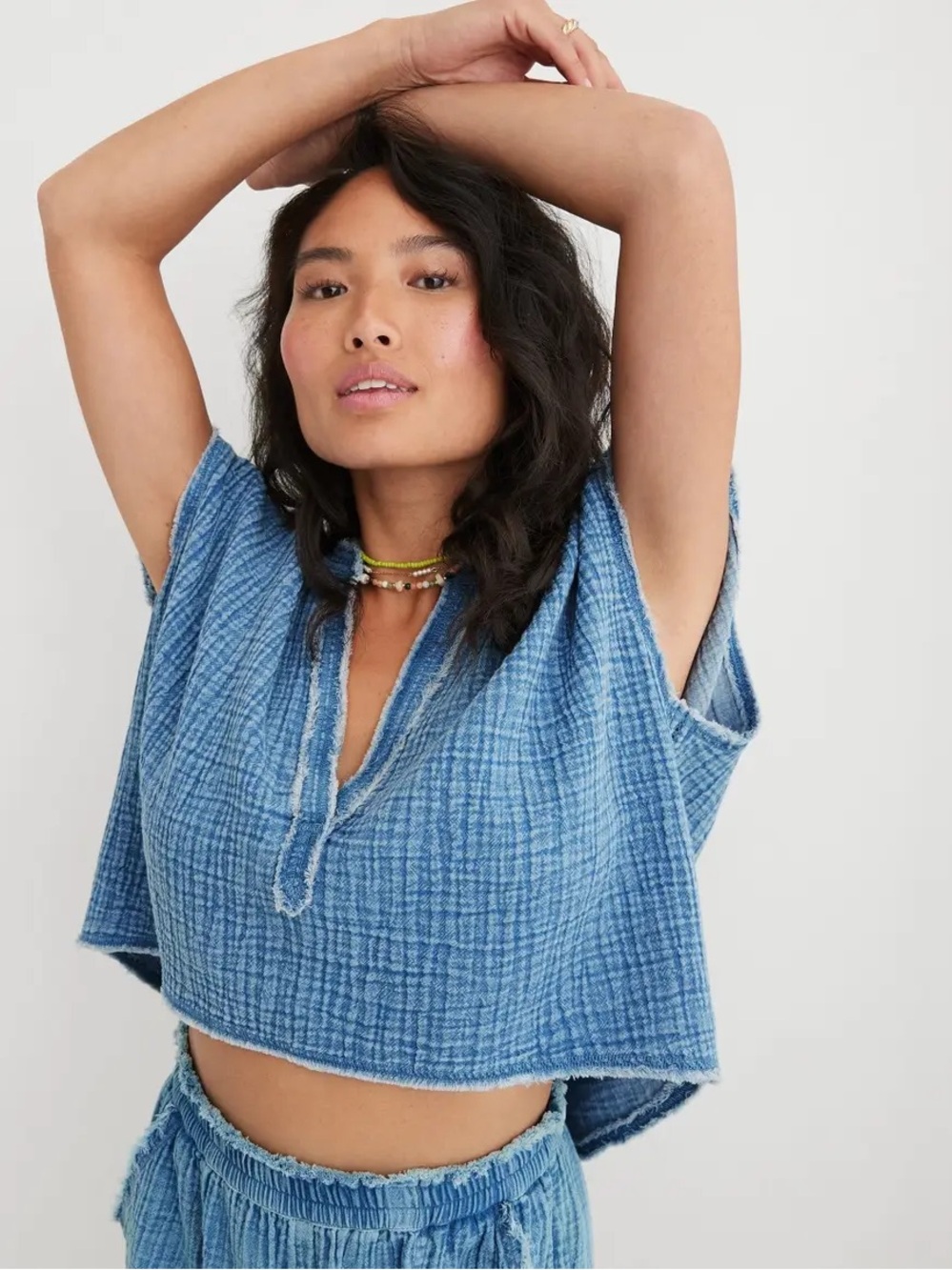 Aerie Pool-To-Party Oversized Cropped Shirt NWT XLBlue Beachy Cotton Gauze Top
